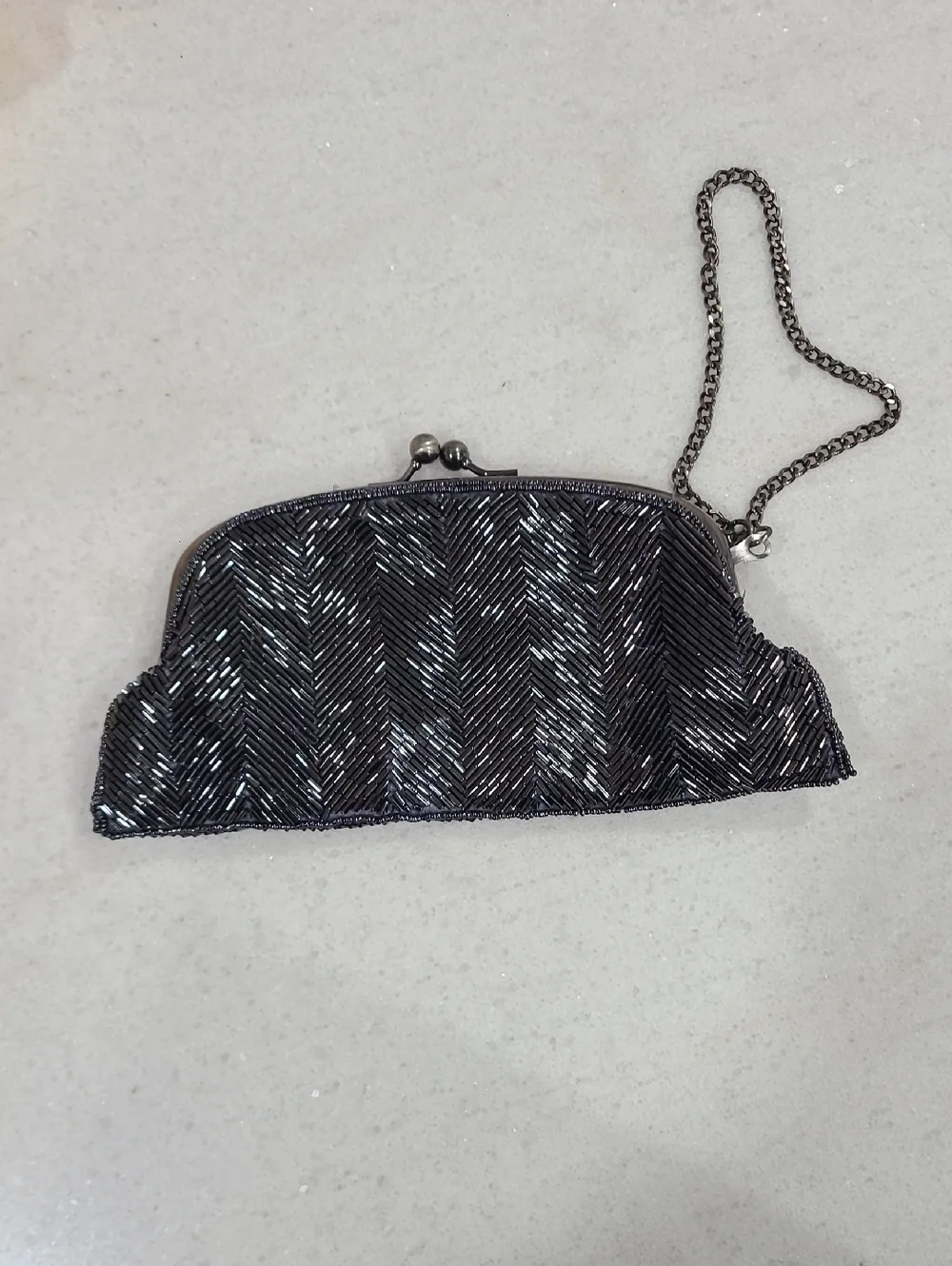 The Limited Black Beaded Chevron Frame Clutch with Chain